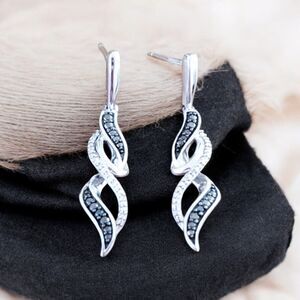 Sterling Silver Swirl Earrings Stud Drop Black & White Diamond Accent